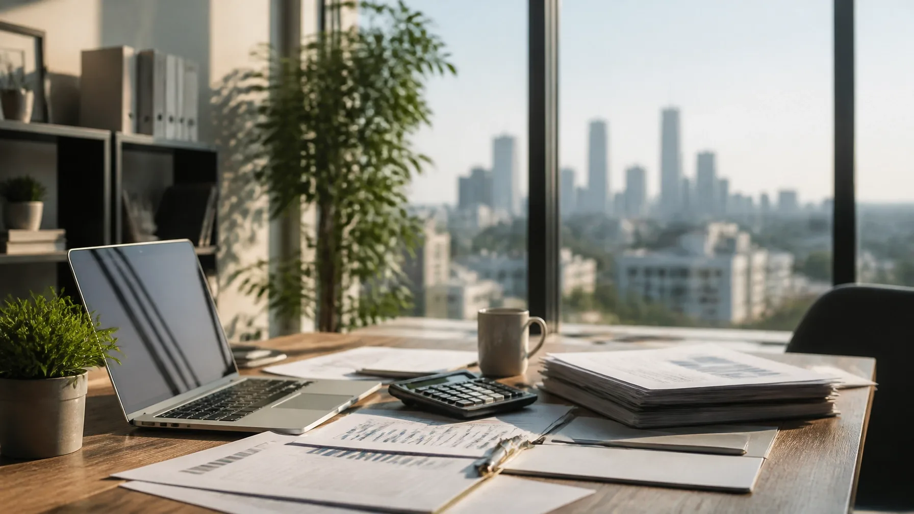 A laptop, calculator, and organized financial papers on a bright office desk